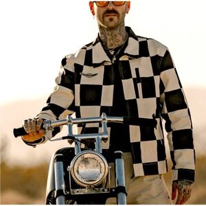 P&Co The Pit Jacket Mens Small Black Cream Checkerboard 70s Racing Canvas NEW